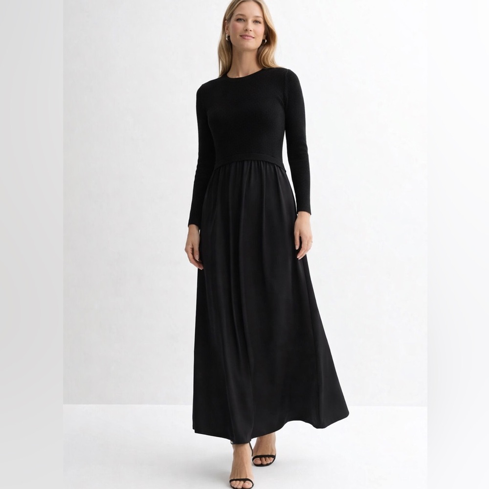 Taylor Black Long Sleeve ribbed knit satin maxi Dress sz M wedding guest modest